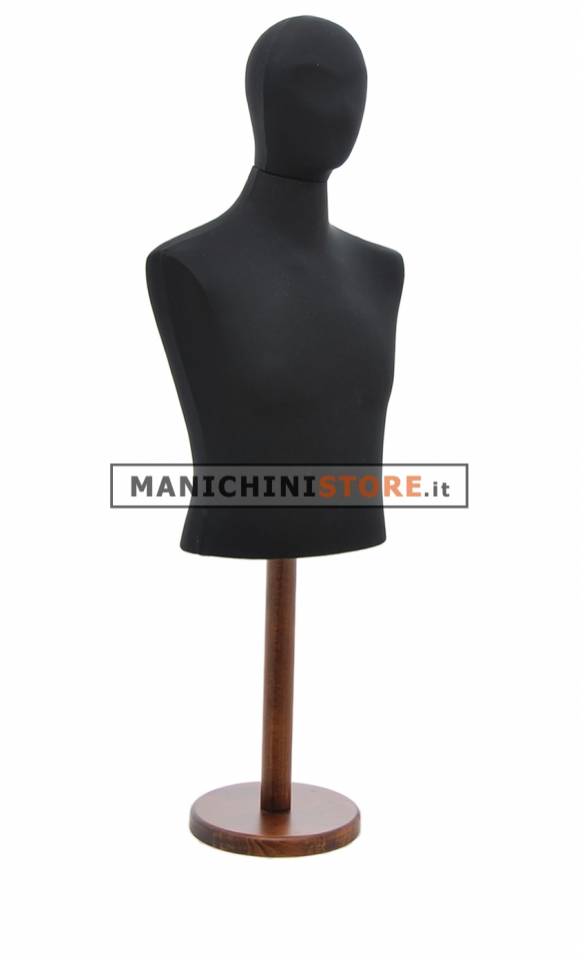 Male counter bust with head in black fabric - walnut base