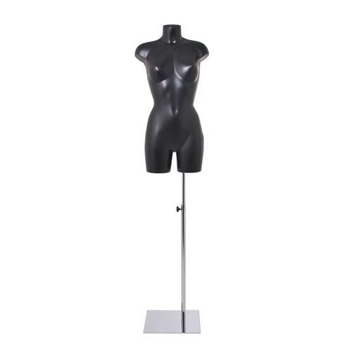 Female mannequin bust in black plastic with chromed base