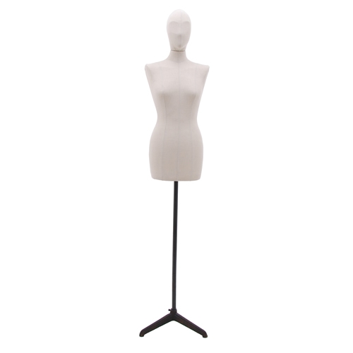 Busto donna vintage con testa rivestito in lino e base treppiede in metallo