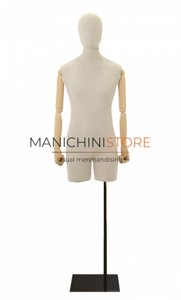 Linen male bust with half leg, wooden arms and black base