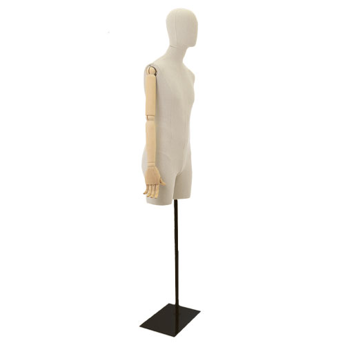 Linen male bust with half leg, wooden arms and black base