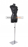 Female mannequin bust in black plastic with chromed base