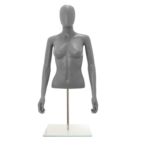 Busto donna grigio con testa, braccia e base da banco 