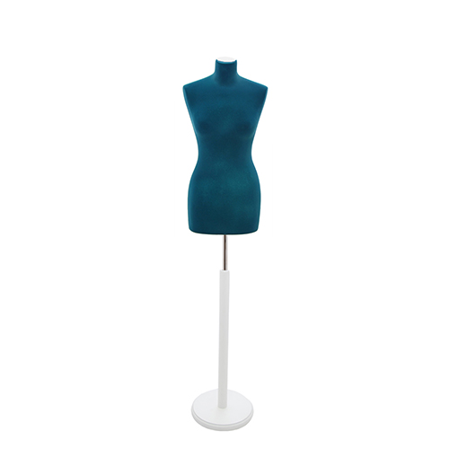 Female tailor bust in blue velvet with round white base