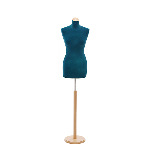 Female tailor bust in blue velvet with round ash tree base