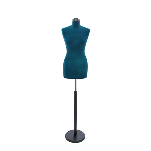 Female tailor bust in blue velvet with round black base