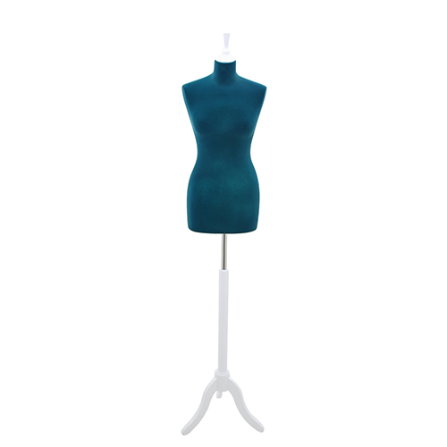 Female tailor bust in blue velvet with white tripod base