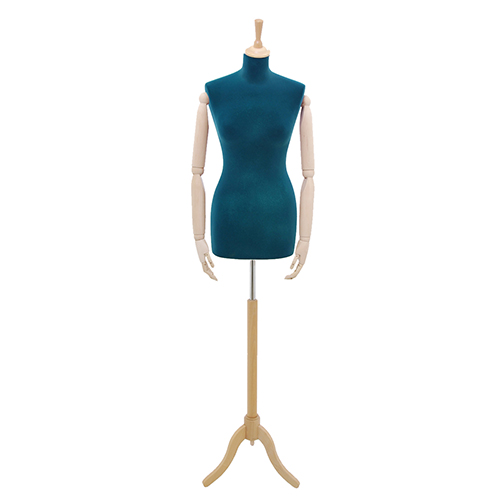 Female tailor bust in blue velvet with arms and ash tree tripod base