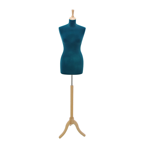 Female tailor bust in blue velvet with ash tree tripod base