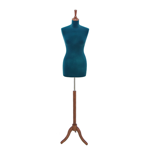 Female tailor bust in blue velvet with walnut tripod base