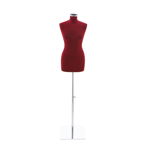 Female tailor bust in dark red velvet with square chromed base