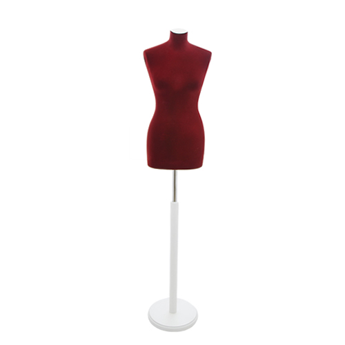 Female tailor bust in dark red velvet with round white base