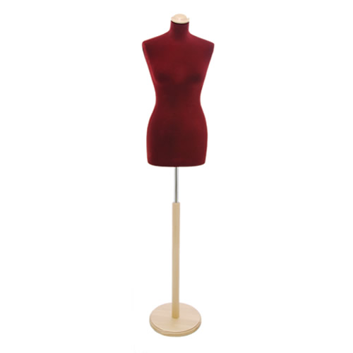 Female tailor bust in dark red velvet with round ash tree base