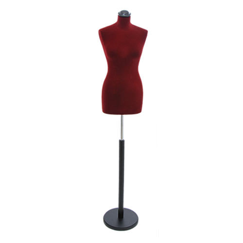 Female tailor bust in dark red velvet with round black base