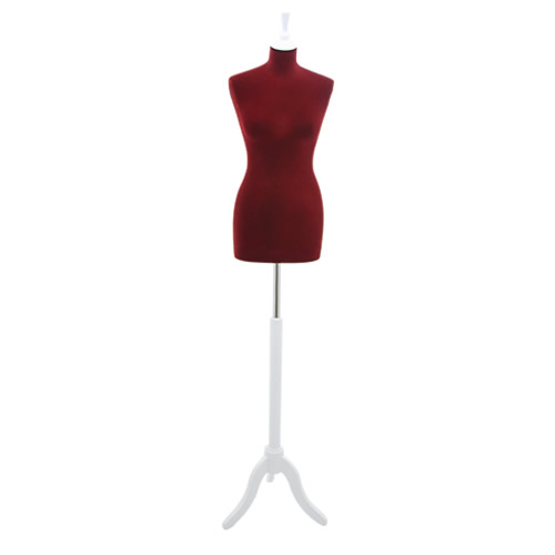 Female tailor bust in dark red velvet with white tripod