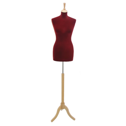 Female tailor bust in dark red velvet with ash tree tripod base