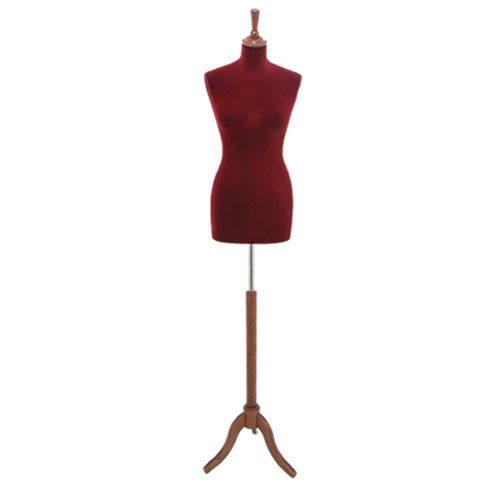 Female tailor bust in dark red velvet with walnut tripod base