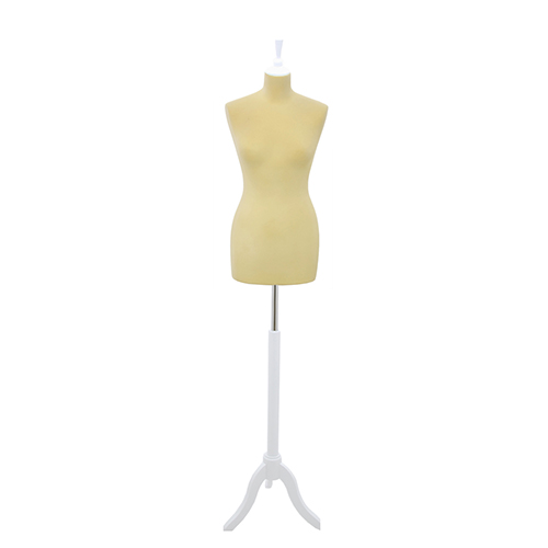 Female tailor bust in yellow velvet with white tripod base