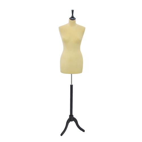 Female tailor bust in yellow velvet with black tripod base