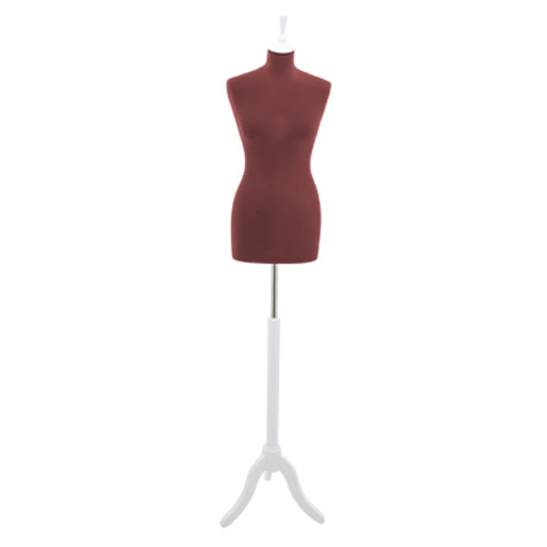 Female tailor bust in chocolate velvet with white tripod base