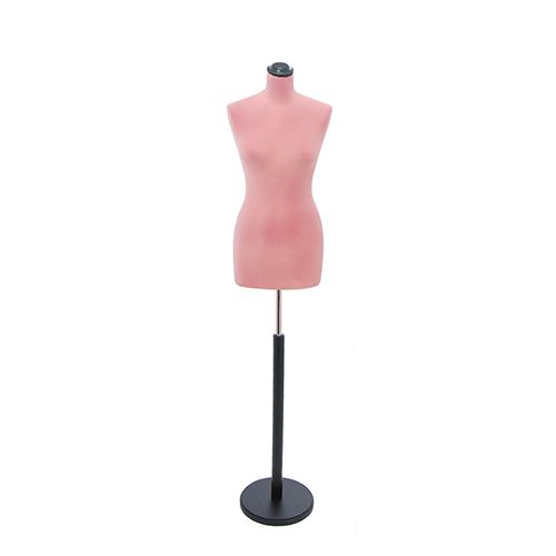 Female tailor bust in pink velvet with round black base