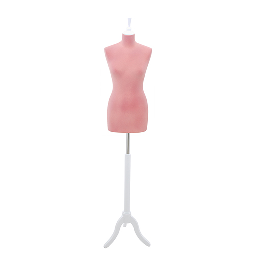 Female tailor bust in pink velvet with white tripod base