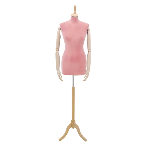 Female tailor bust in pink velvet with arms and ash tree tripod base