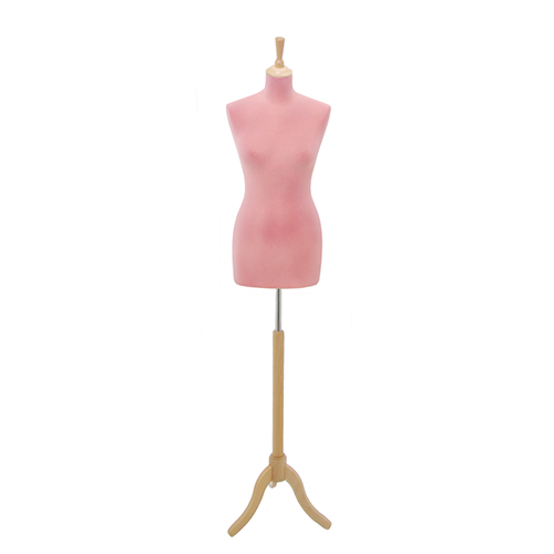 Female tailor bust in pink velvet with ash tree tripod base