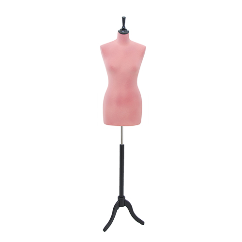 Female tailor bust in pink velvet with black tripod base