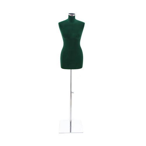 Female tailor bust in green velvet with square chromed base