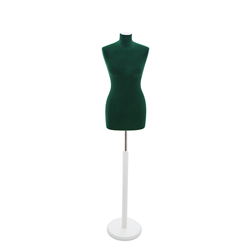 Female tailor bust in green velvet with round white base