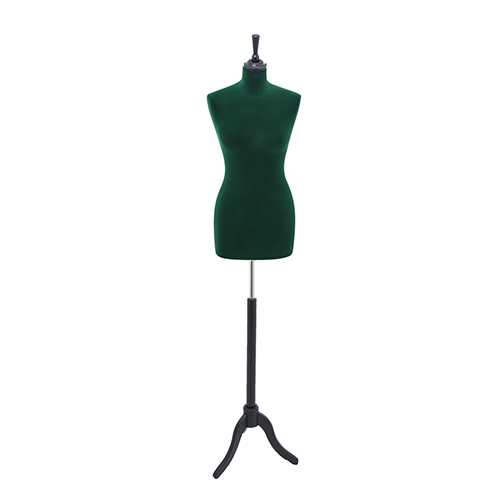 Female tailor bust in green velvet with black tripod base