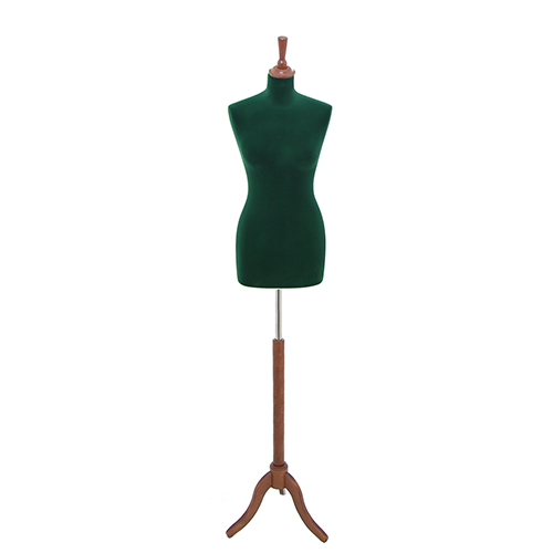 Tailor bust in green velvet with walnut tripod