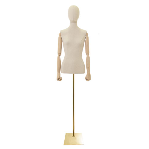 Rental service for 1 female linen bust with wooden arms and golden base