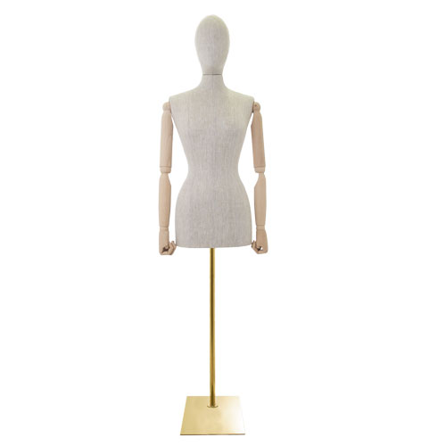 Linen female bust with wooden arms and rectangular golden base