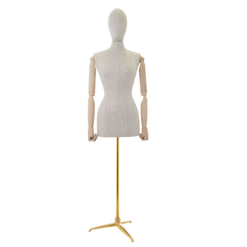 Linen female bust with wooden arms and tripod golden base