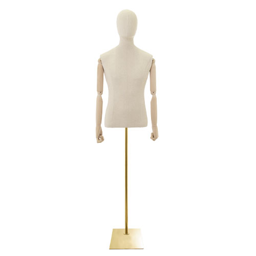 Linen male bust with wooden arms and golden base