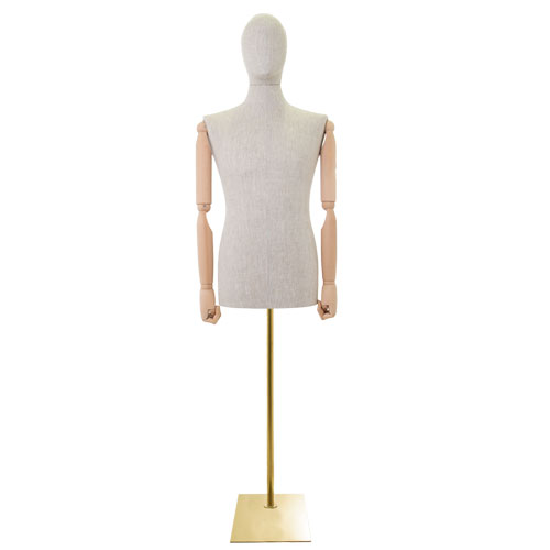 Linen male bust with wooden arms and rectangular golden base