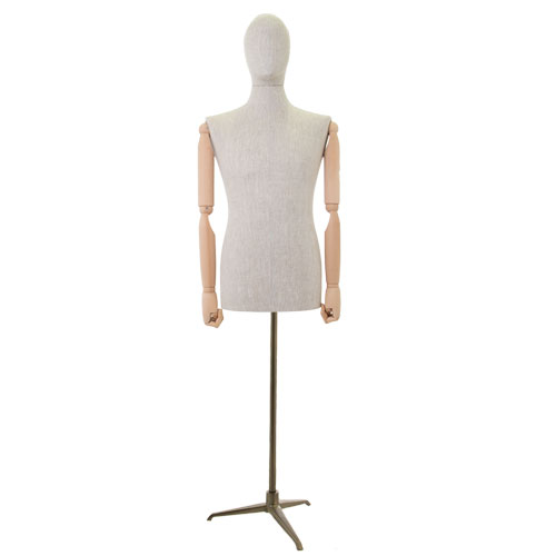 Linen male bust with wooden arms and tripod bronze base