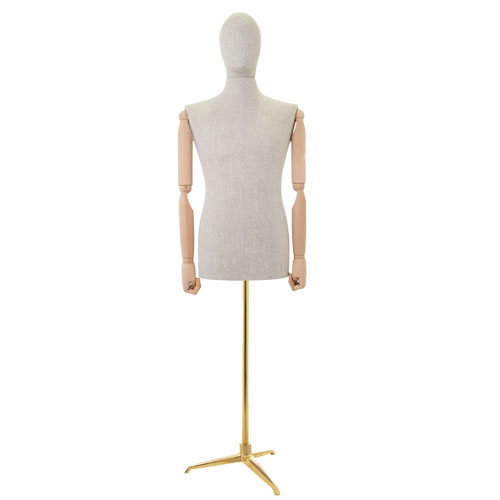 Linen male bust with wooden arms and tripod golden base