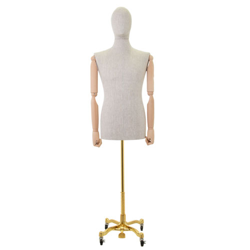 Linen male bust with wooden arms and worker golden base