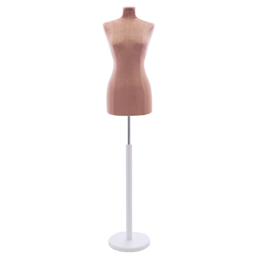 Female tailor bust in pink velvet with round white base