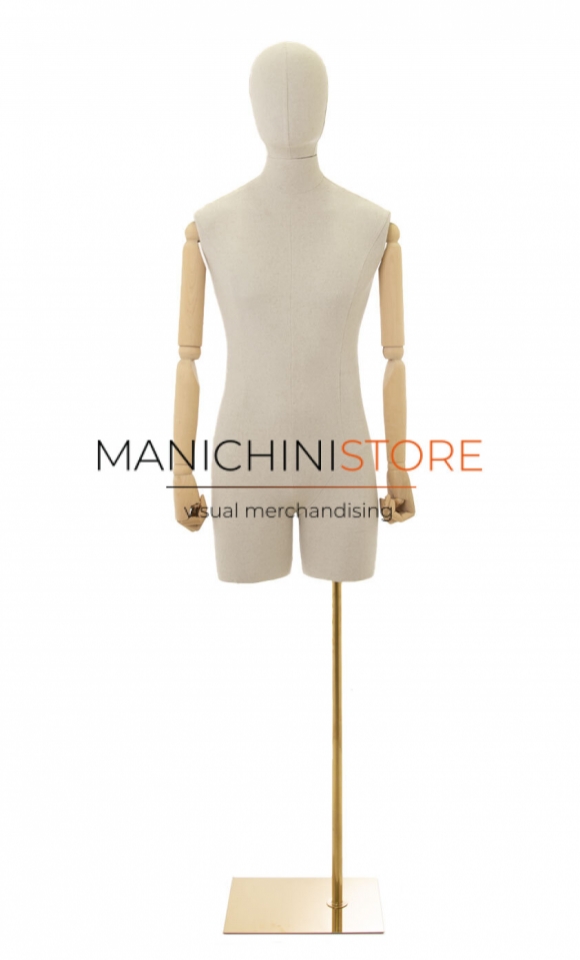 Linen male bust with half leg, wooden arms and golden base