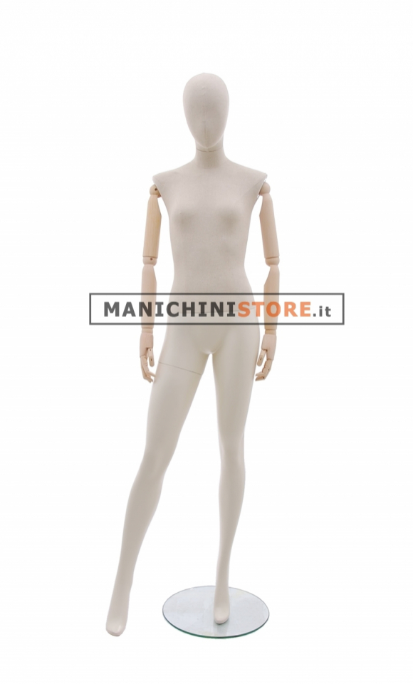 Fabric female mannequin with jointed wooden arms