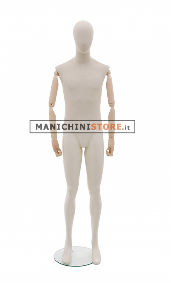 Fabric male mannequin with jointed wooden arms