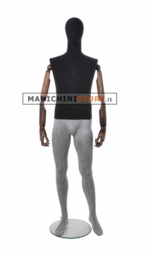 Black fabric male mannequin with wooden arms