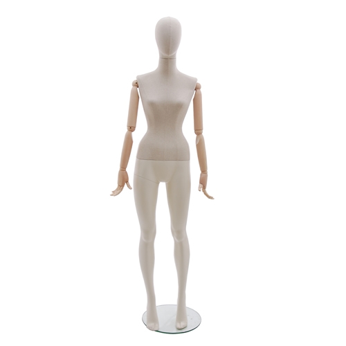 Sand fabric female mannequin with wooden arms