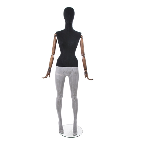 Black fabric female mannequin with wooden arms