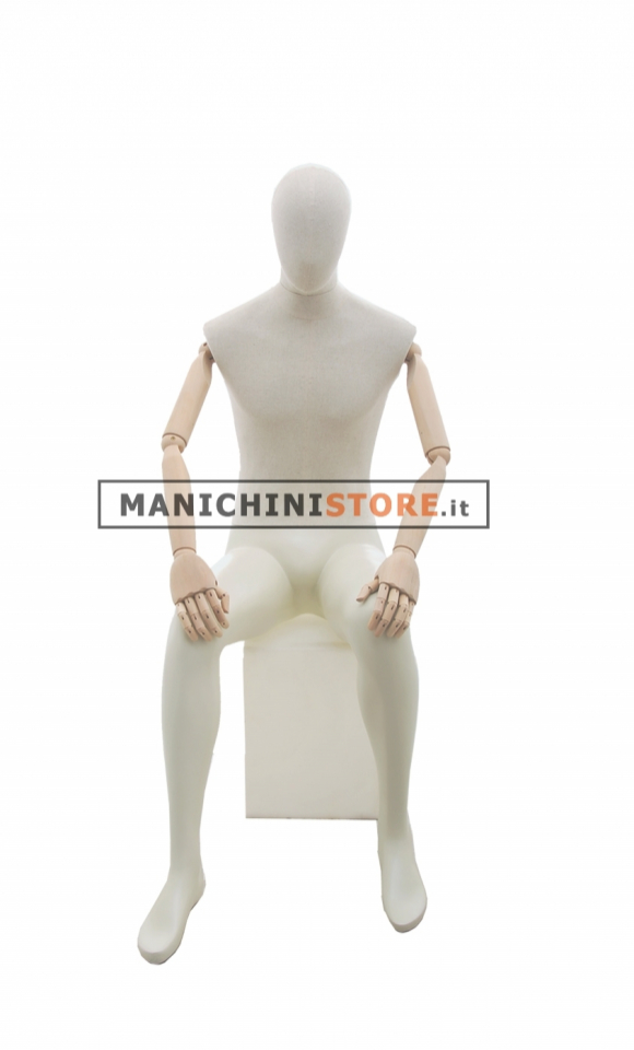 Male mannequin in sand fabric with wooden arms - seated