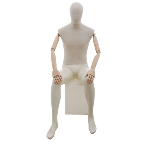 Male mannequin in sand fabric with wooden arms - seated